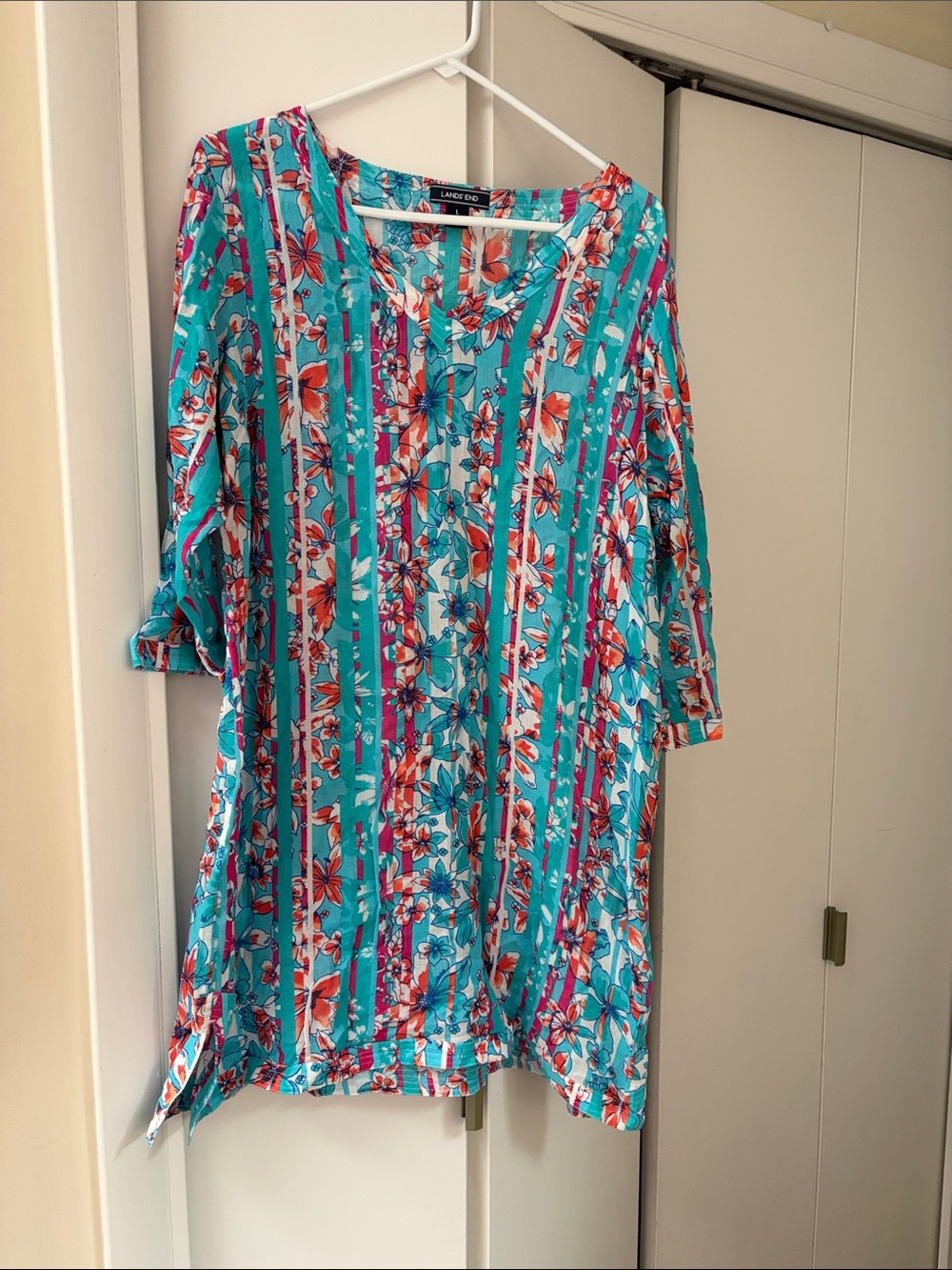 Lands' End Turquoise Floral Stripe Swim Coverup.